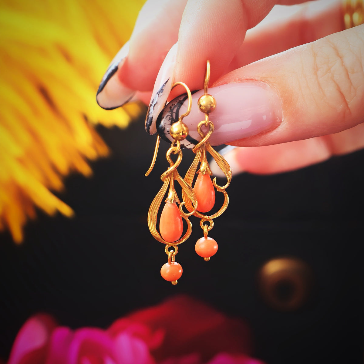Hand Made Vintage Continental Coral Drop Earrings