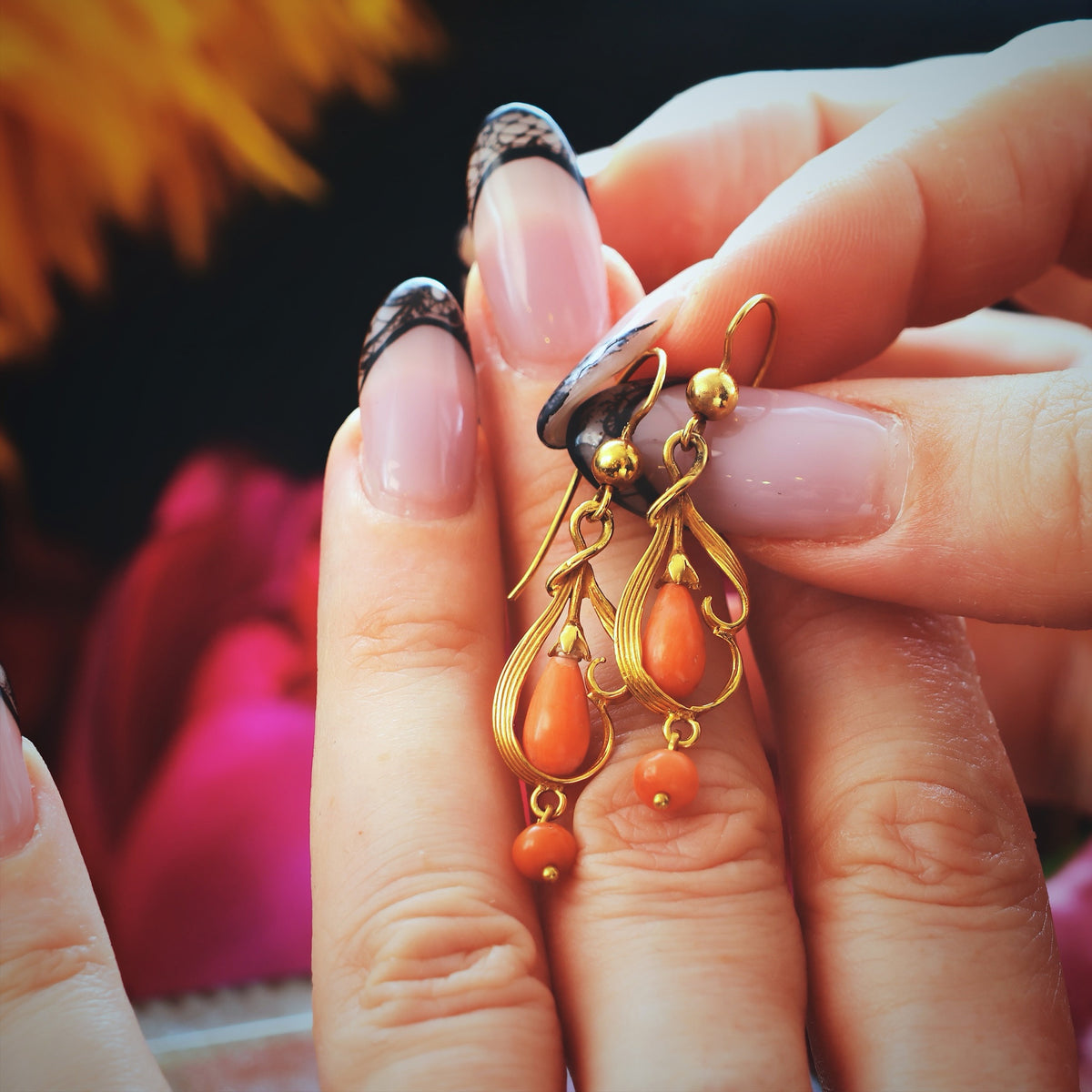 Hand Made Vintage Continental Coral Drop Earrings