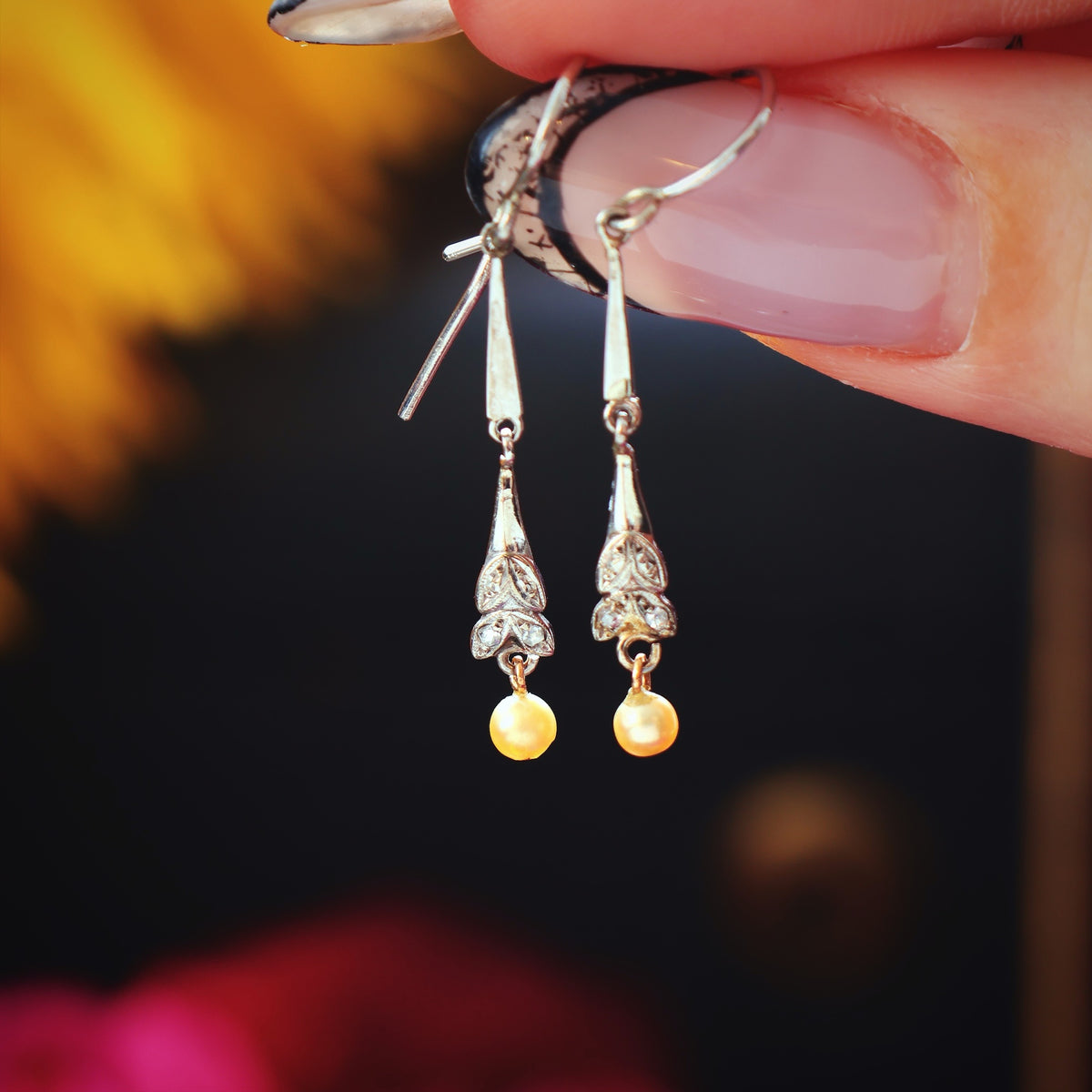 Elegant Vintage Pearl & Diamond Earrings