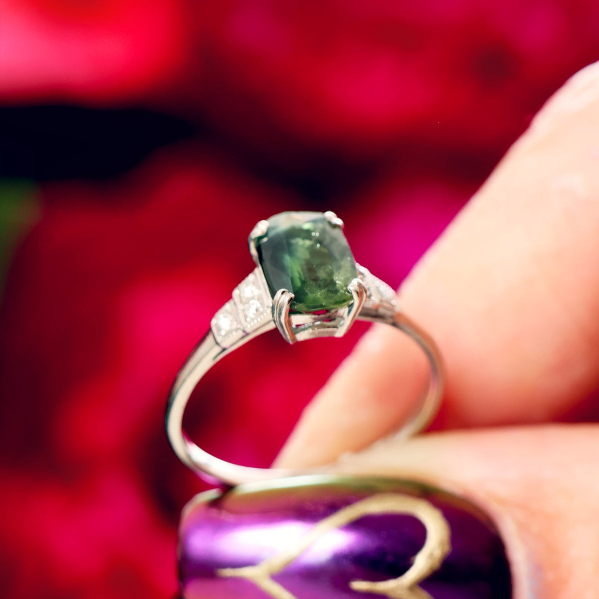Art Deco Platinum Green Tourmaline & Diamond Ring