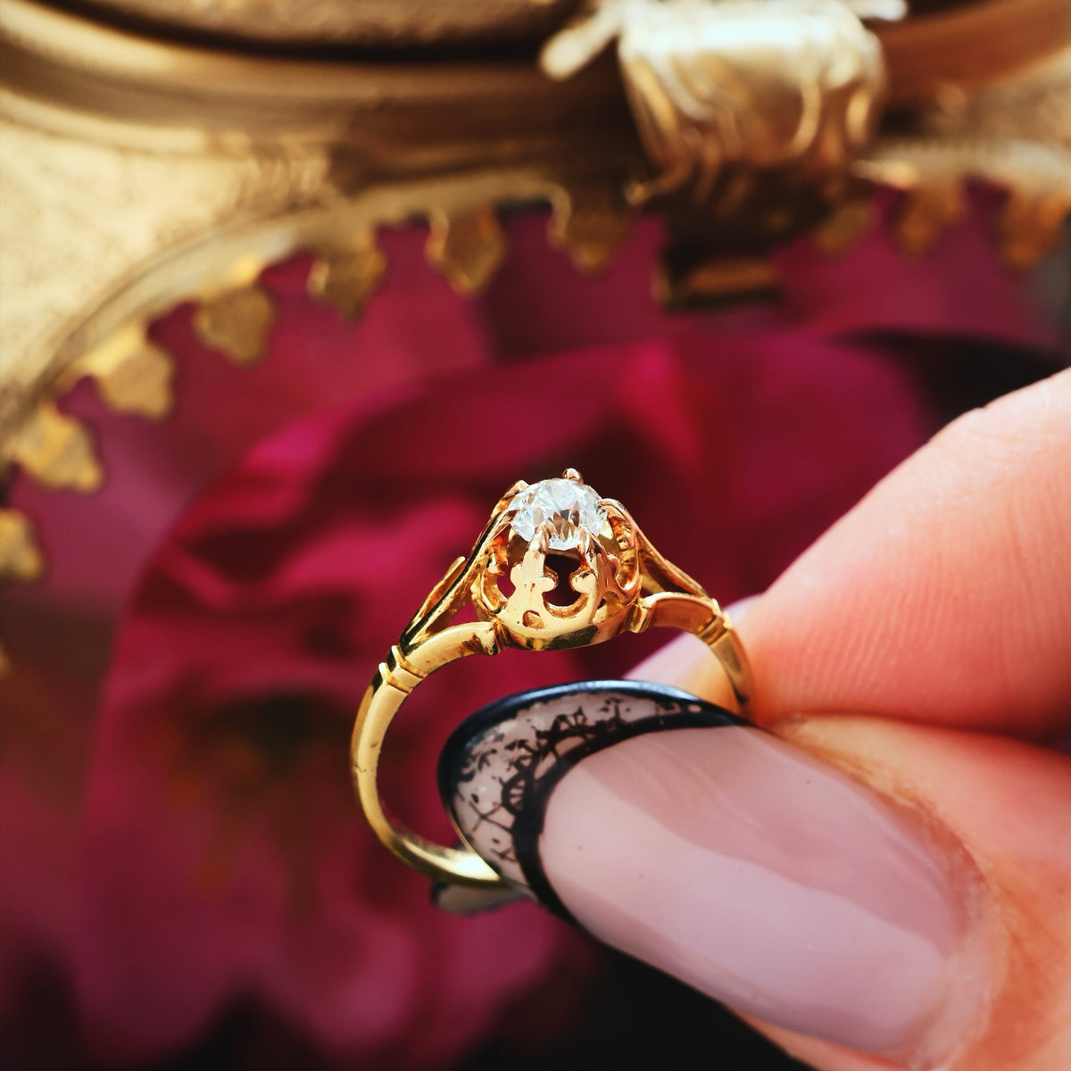 Antique Fleur de Lys Hand Cut Diamond Engagement Ring