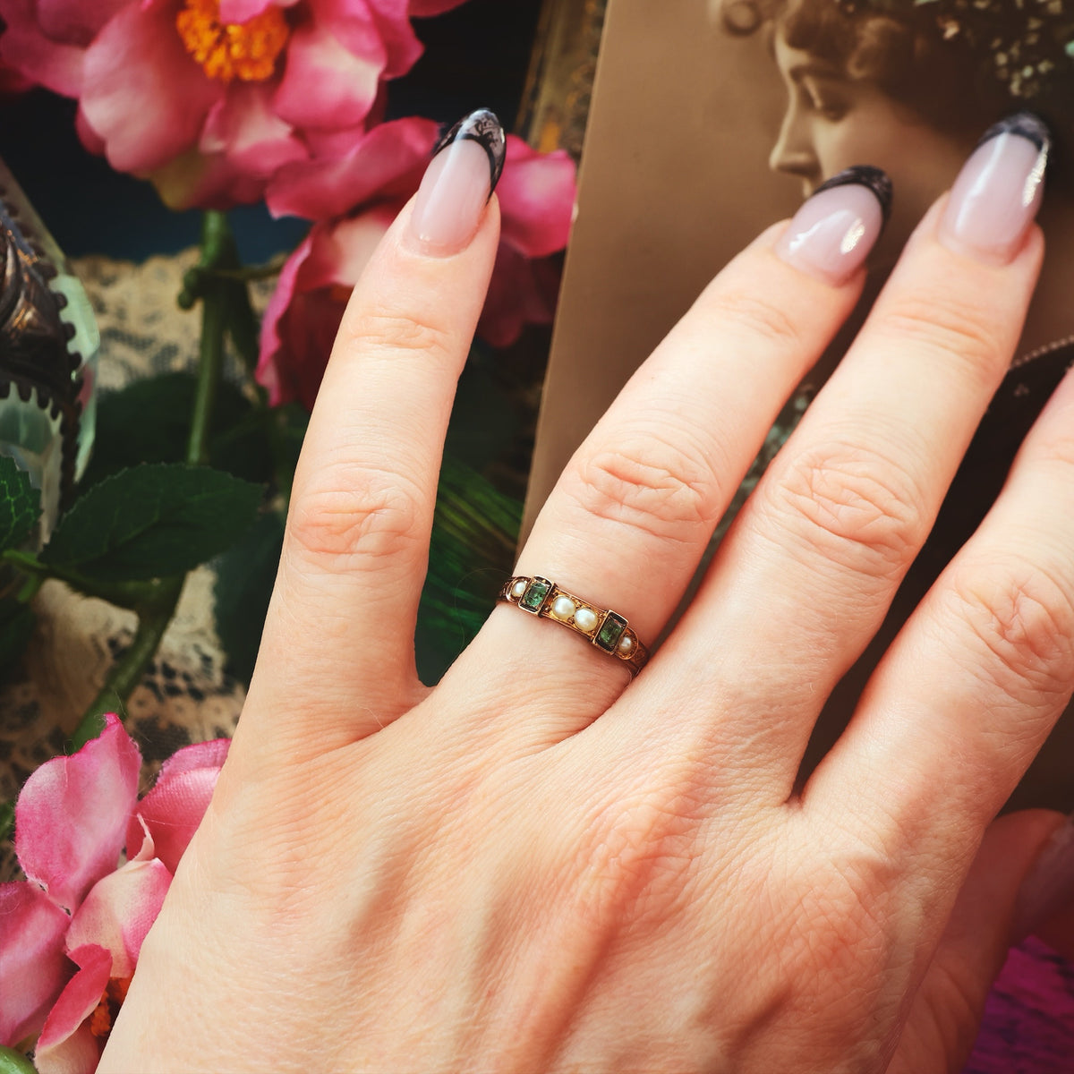 Antique Georgian Emerald & Pearl Buckle Fidelity Ring