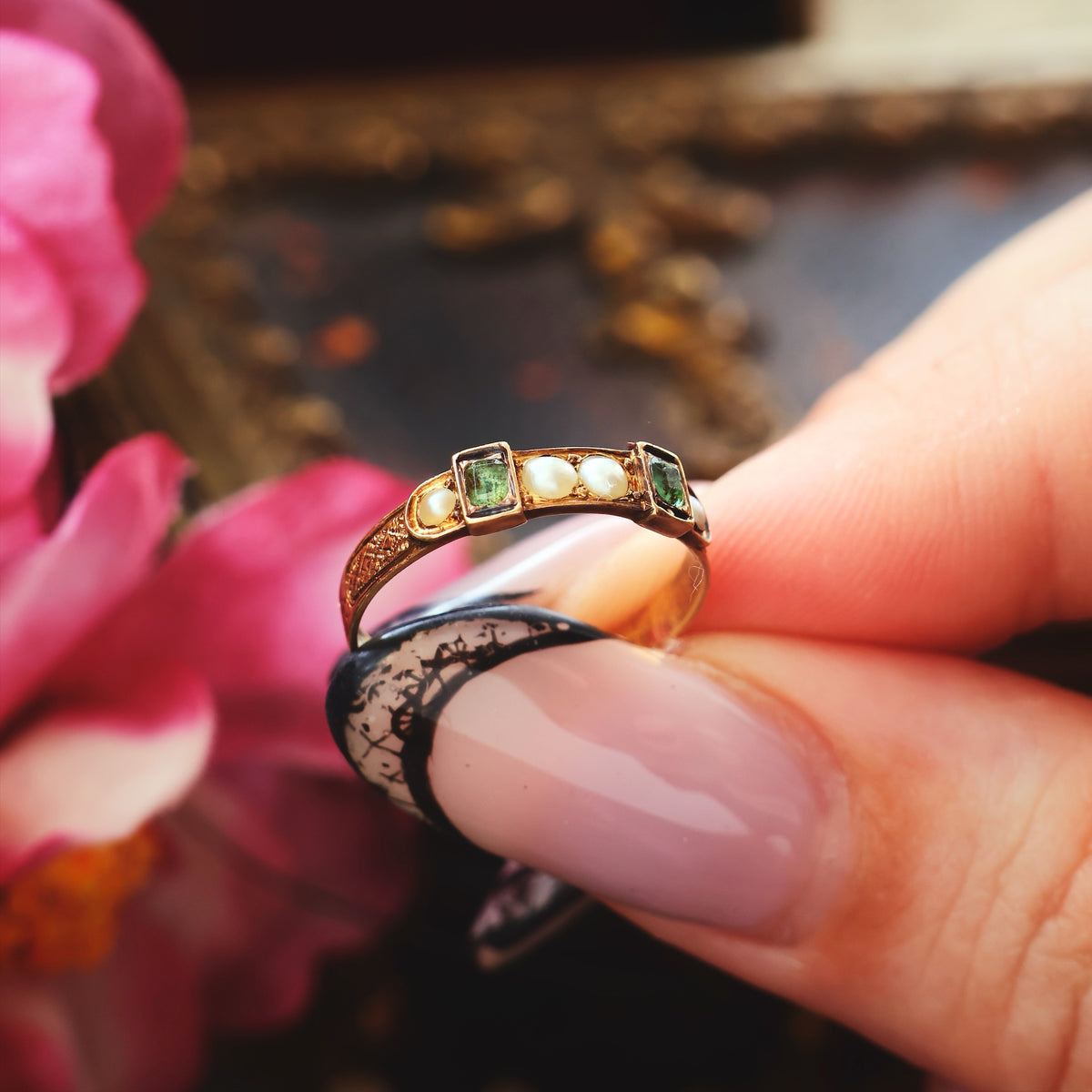 Antique Georgian Emerald & Pearl Buckle Fidelity Ring