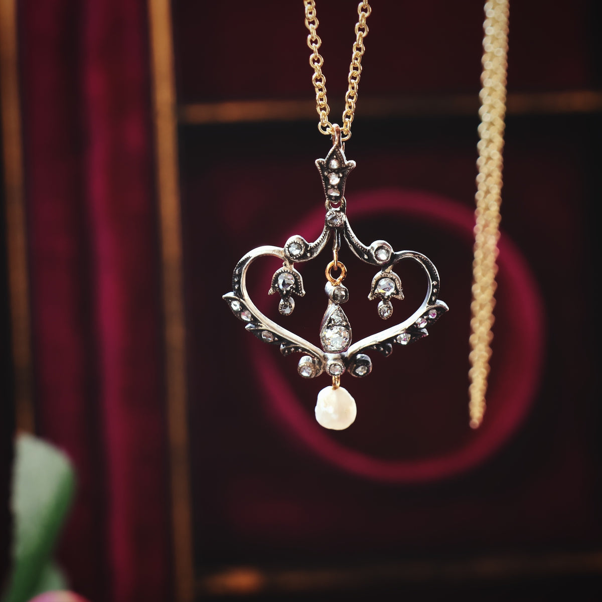 Late Victorian Diamond & Wild Pearl Lavaliere Pendant