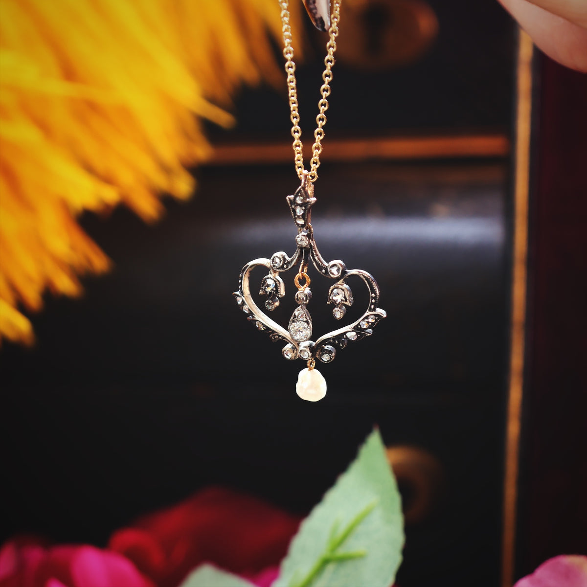 Late Victorian Diamond & Wild Pearl Lavaliere Pendant