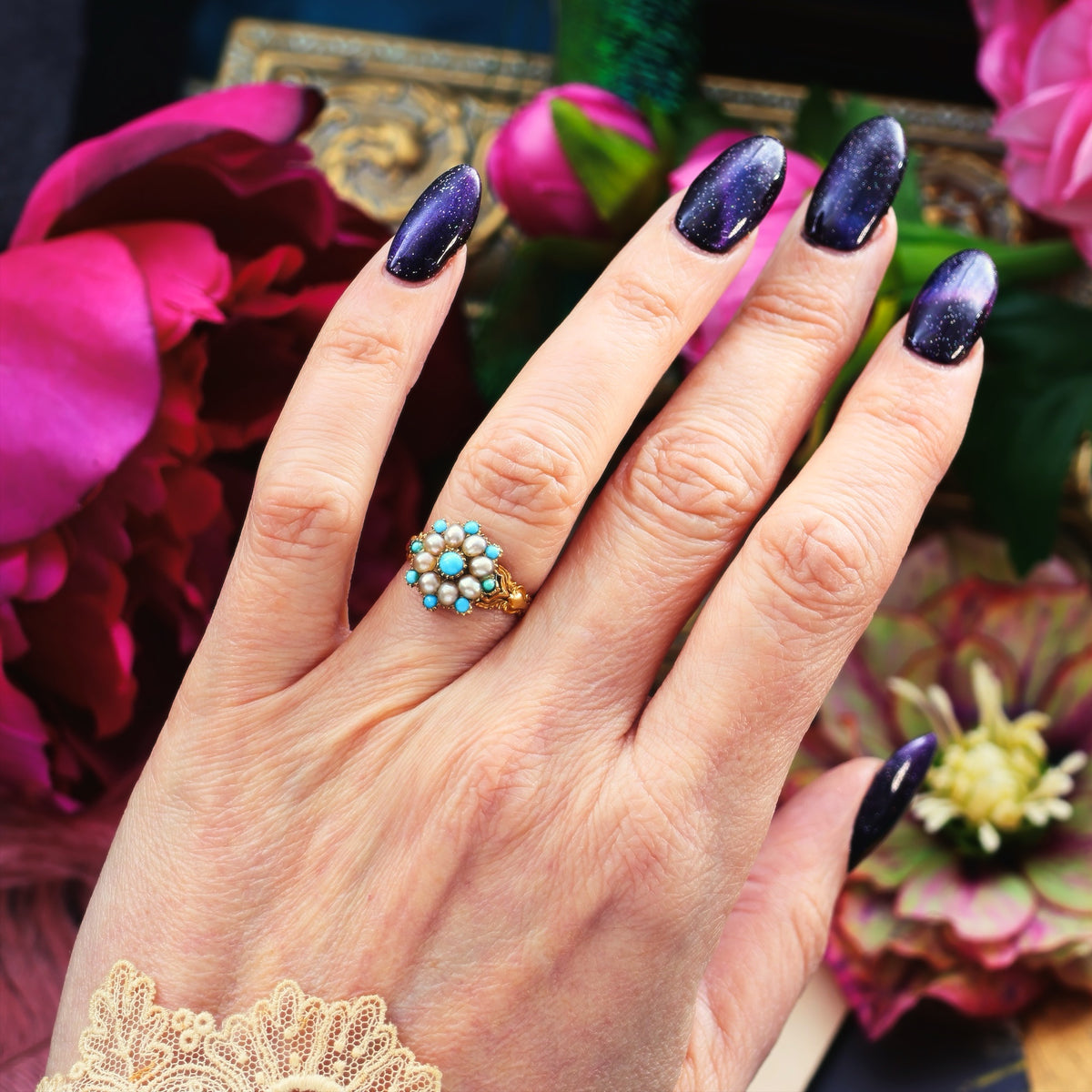 Exquisite Antique Georgian Turquoise & Pearl Ring