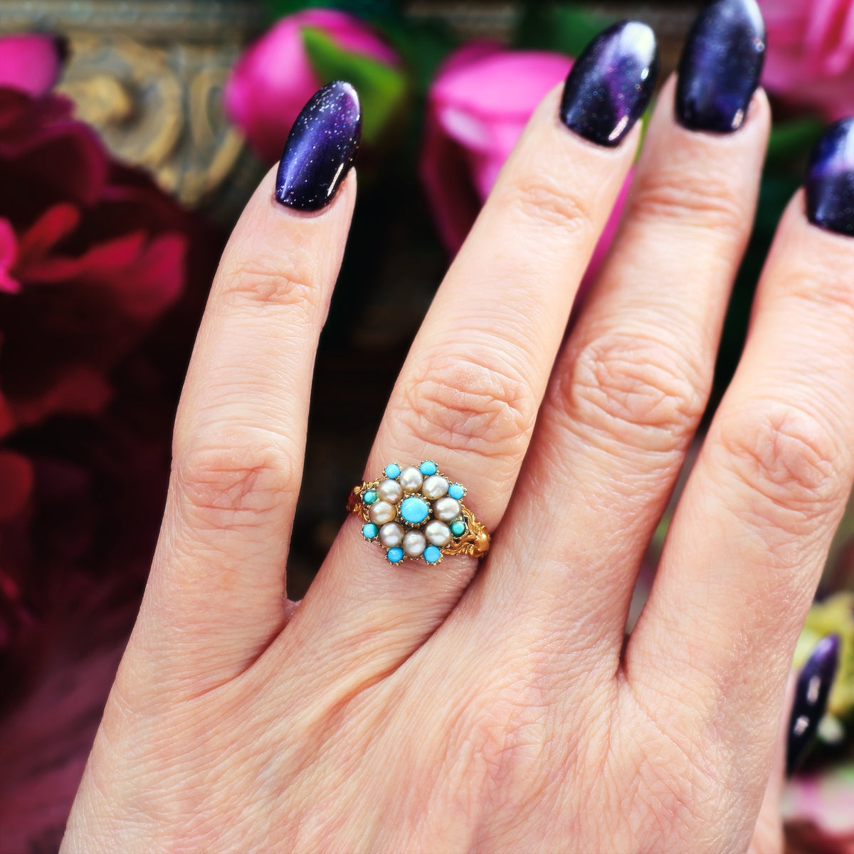 Exquisite Antique Georgian Turquoise & Pearl Ring
