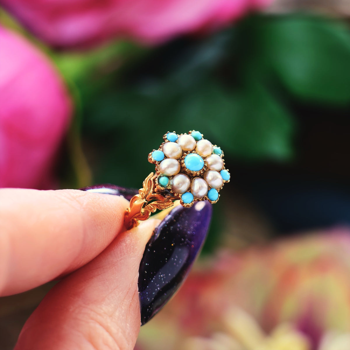 Exquisite Antique Georgian Turquoise & Pearl Ring