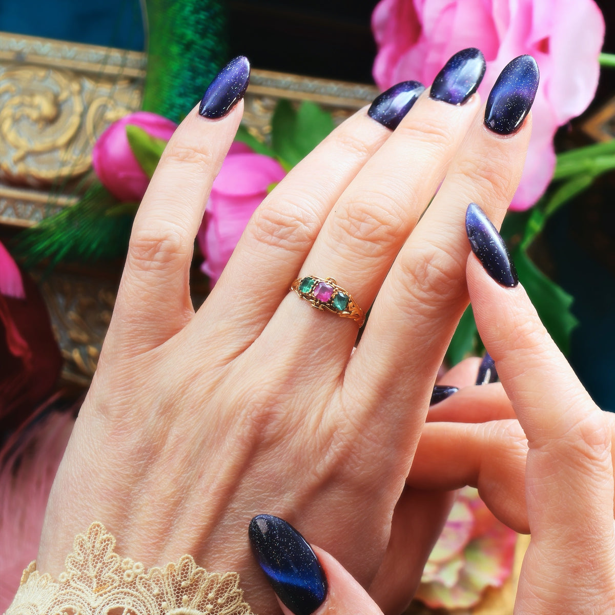 Antique Mid Victorian Ruby & Emerald Floral Ring