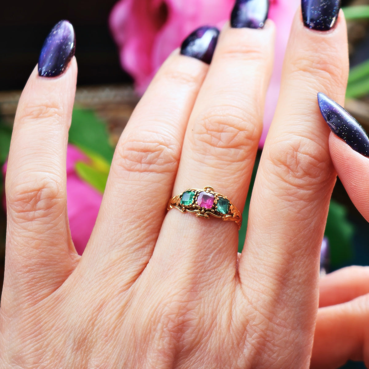 Antique Mid Victorian Ruby & Emerald Floral Ring
