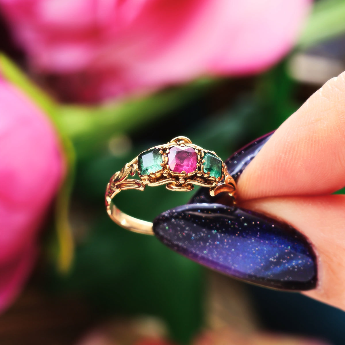 Antique Mid Victorian Ruby & Emerald Floral Ring