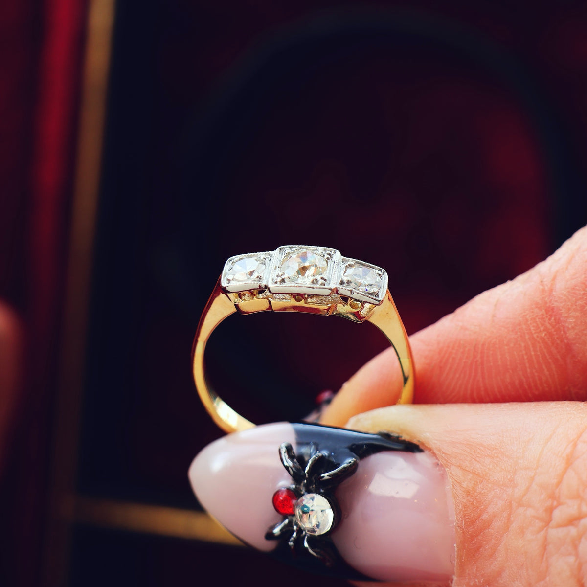 Vintage Hand Cut Diamond Trilogy Engagement Ring