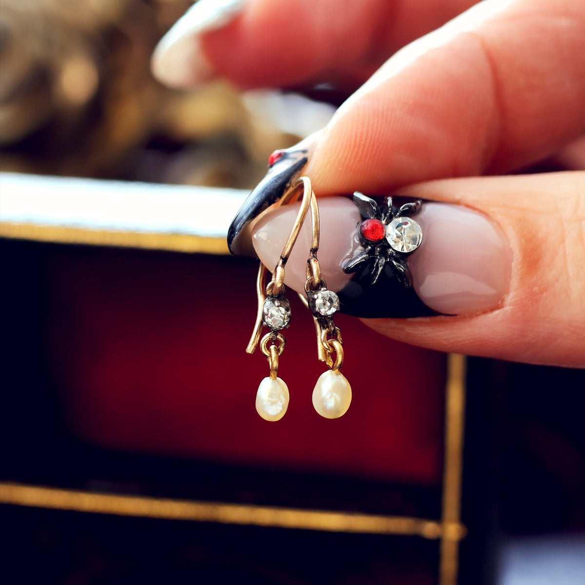 Cute Recycled Diamond & Pearl Drop Earrings