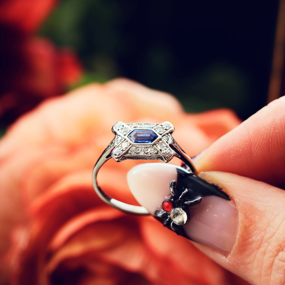 Unusual Hand Made Vintage Art Deco Sapphire & Diamond Ring