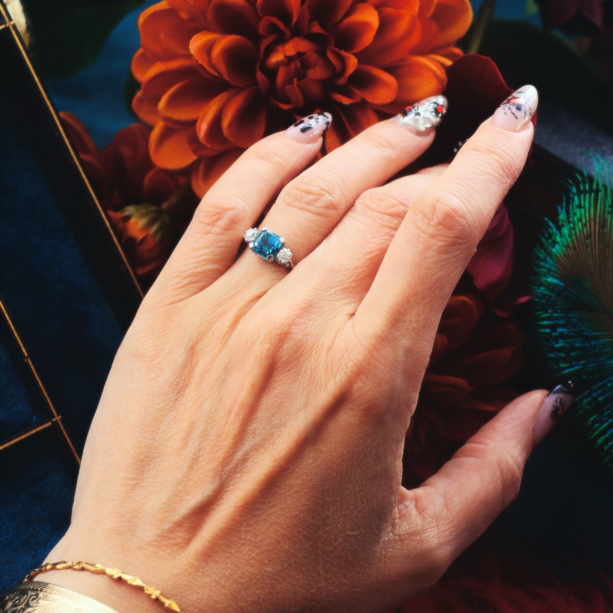 Vintage Starlight Blue Zircon & Diamond Trilogy Ring