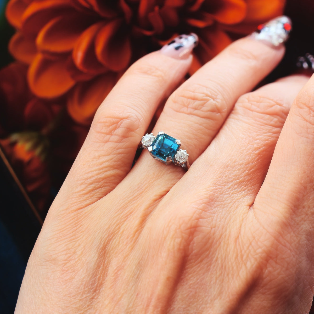 Vintage Starlight Blue Zircon & Diamond Trilogy Ring