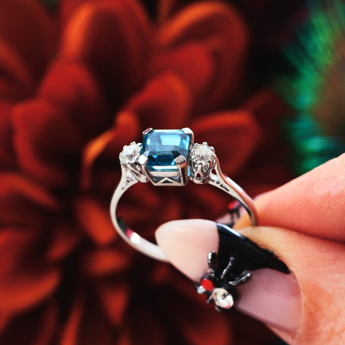 Vintage Starlight Blue Zircon & Diamond Trilogy Ring