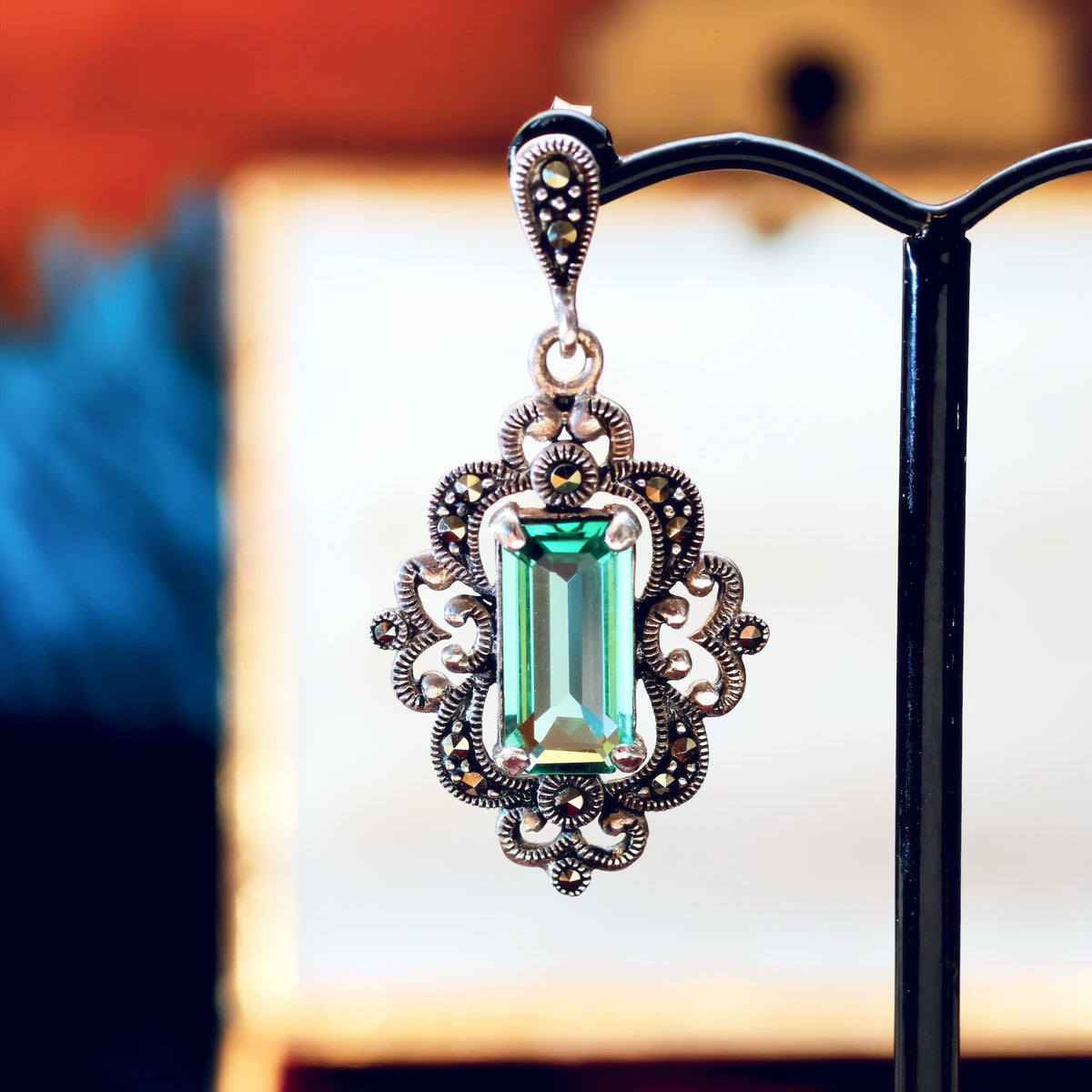 Vintage Style Green Quartz & Marcasite Drop Earrings