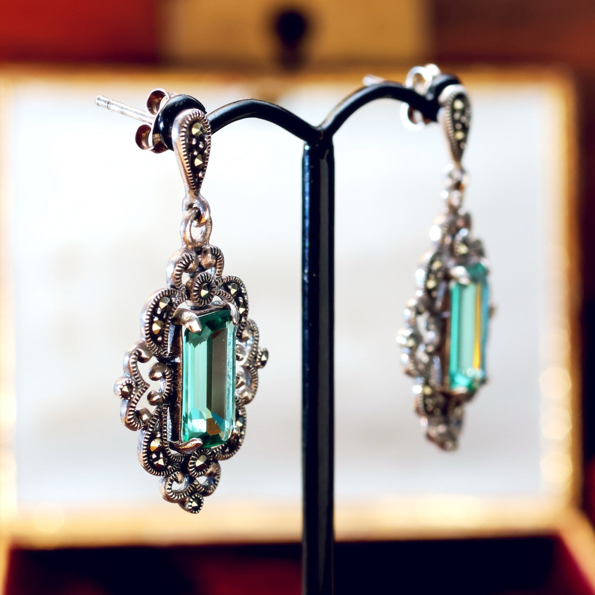 Vintage Style Green Quartz & Marcasite Drop Earrings