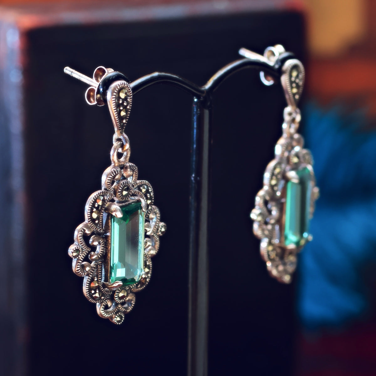 Vintage Style Green Quartz & Marcasite Drop Earrings