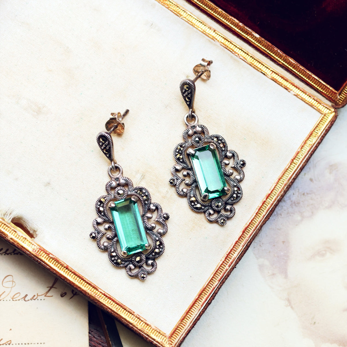 Vintage Style Green Quartz & Marcasite Drop Earrings