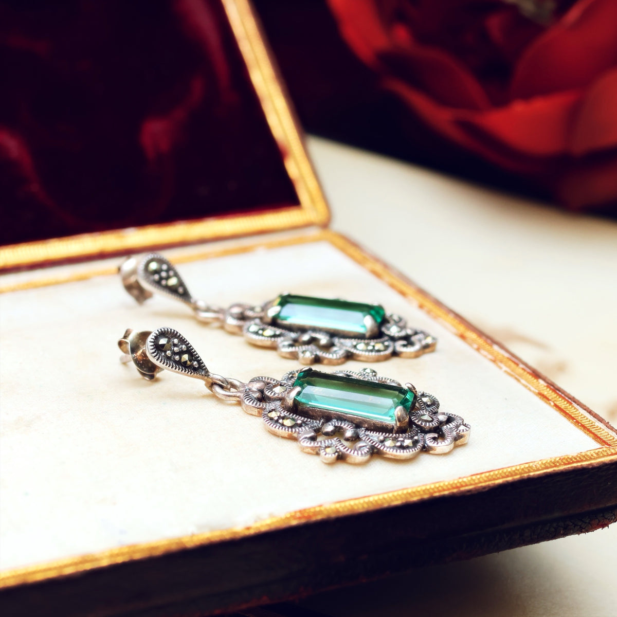 Vintage Style Green Quartz & Marcasite Drop Earrings