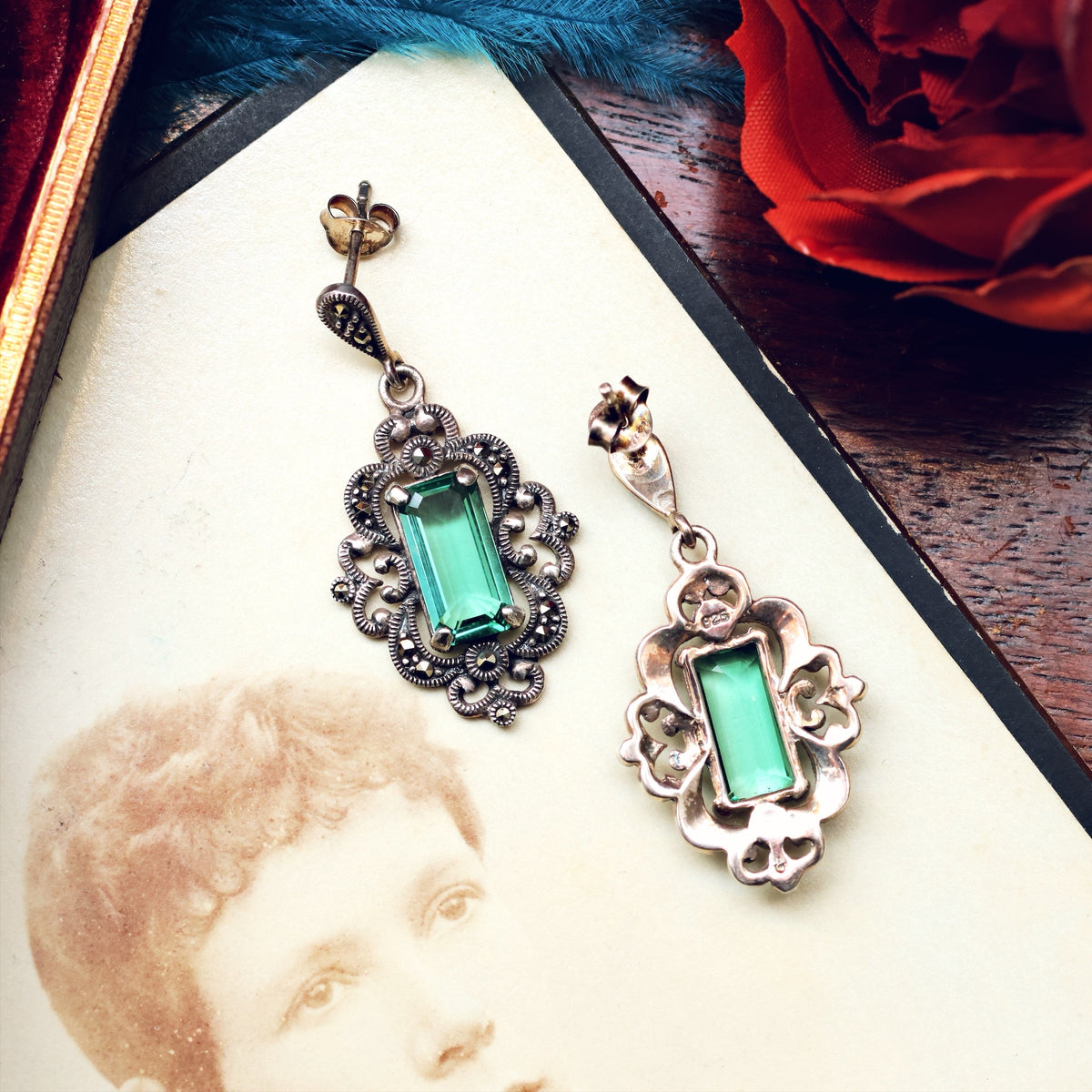 Vintage Style Green Quartz & Marcasite Drop Earrings