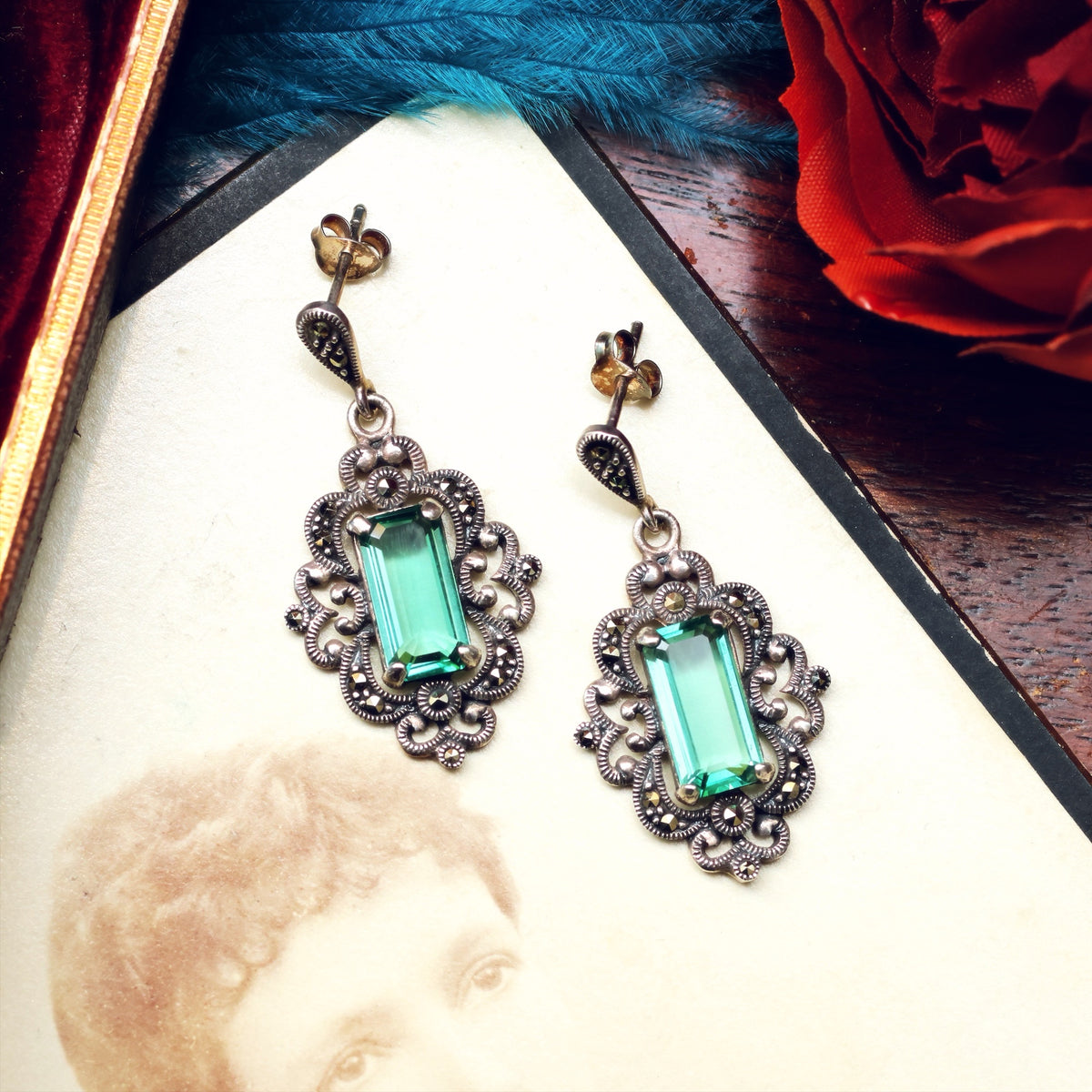 Vintage Style Green Quartz & Marcasite Drop Earrings