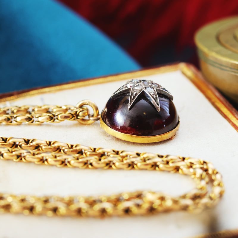 Antique Victorian Garnet Diamond Star Pendant & Chain