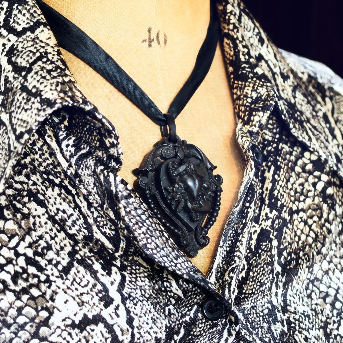 Victorian Gothic Vulcanite Faith, Hope & Charity Locket