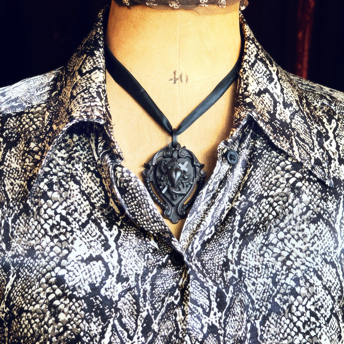 Victorian Gothic Vulcanite Faith, Hope & Charity Locket