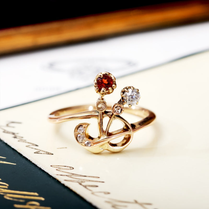 Vintage Art Nouveau Diamond and Garnet Ring
