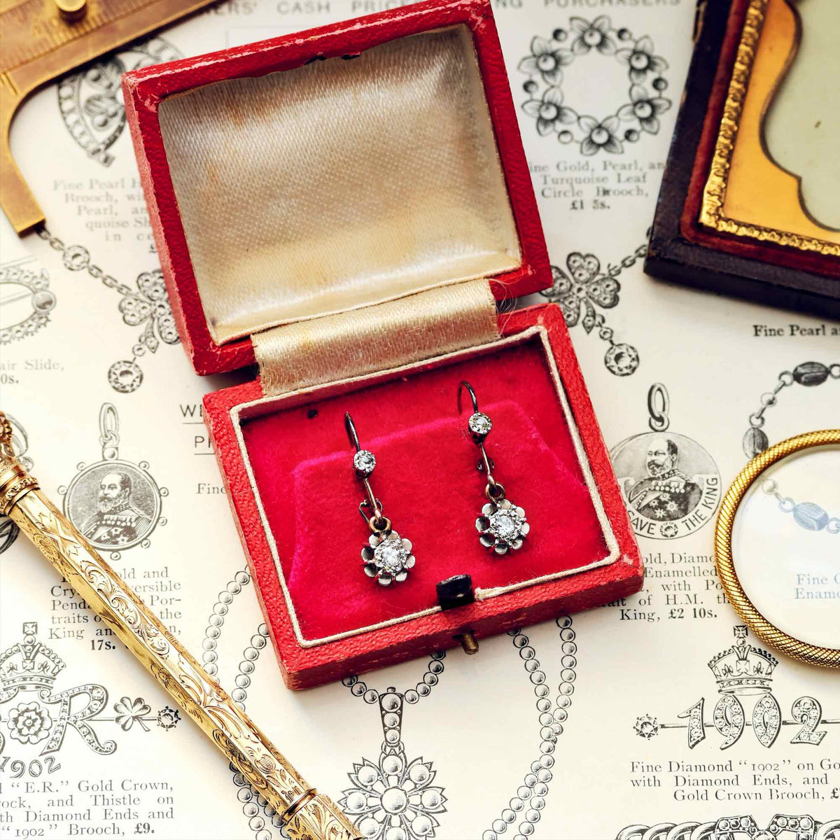 Vintage Continental Diamond Drop Earrings