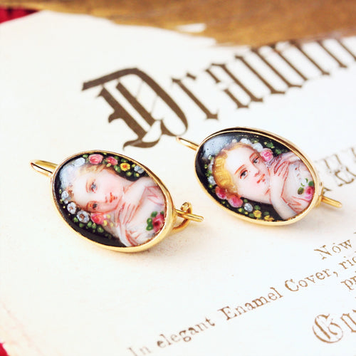 Vintage 18ct Gold Continental Enamel Earrings