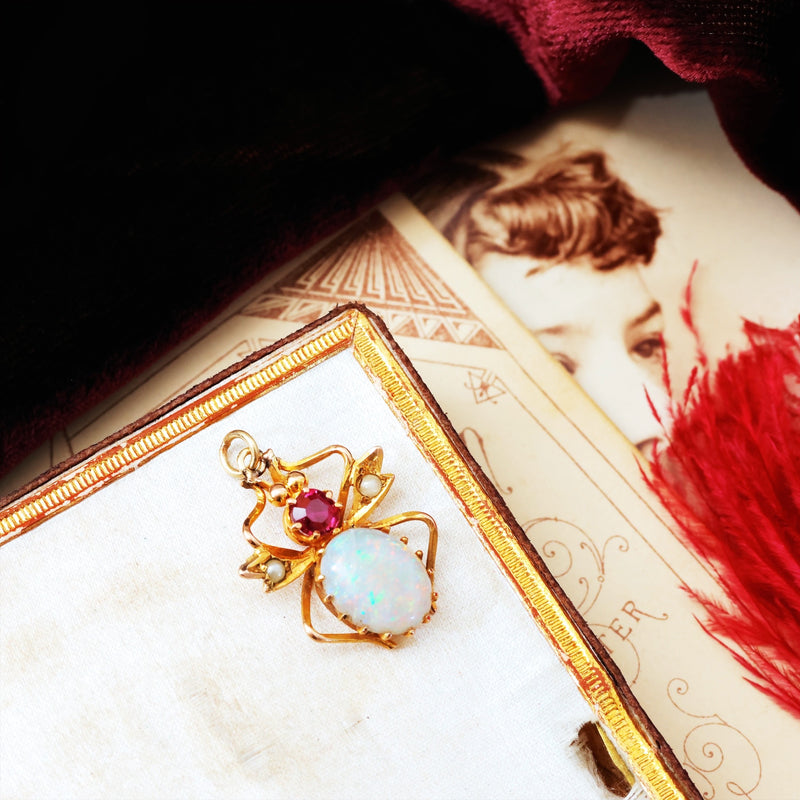 Antique Opal & Ruby Victorian Bug Pendant