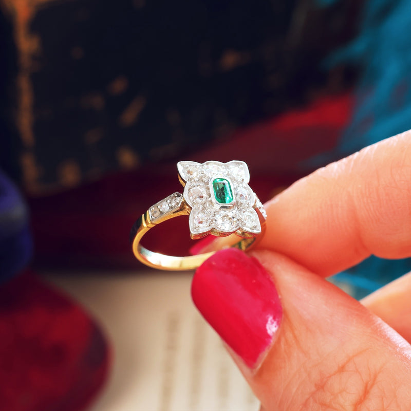 Most Desired Vintage Emerald & Diamond Cluster Ring
