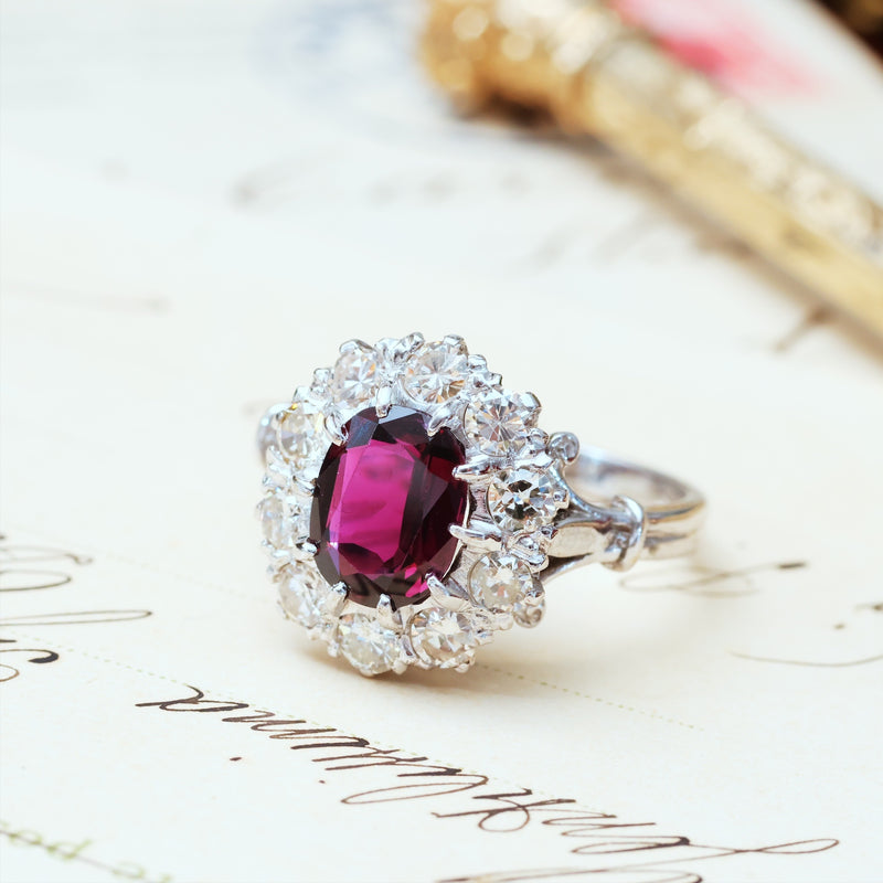 Extraordinary Vintage Deep Wine Ruby & Diamond Cluster Ring