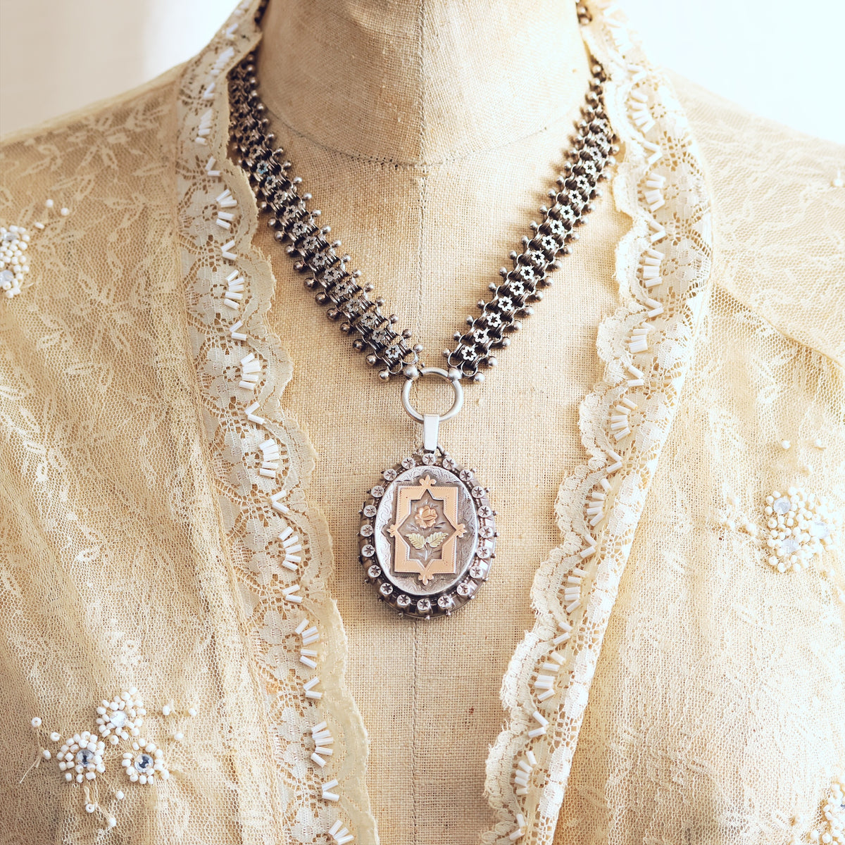 Antique Victorian Silver Locket and Collarette