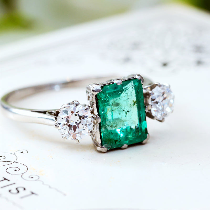 Vintage Emerald & Diamond Trilogy Engagement Ring