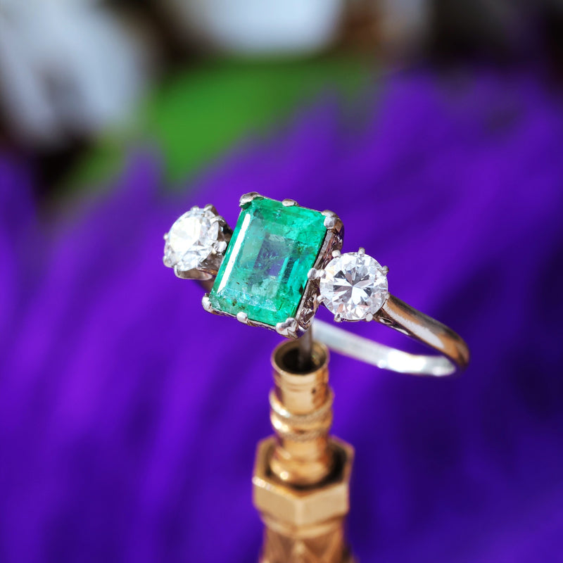 Vintage Emerald & Diamond Trilogy Engagement Ring