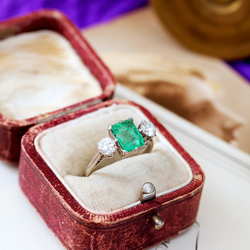 Vintage Emerald & Diamond Trilogy Engagement Ring