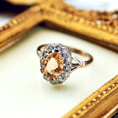 Vintage Golden Topaz & Diamond Cluster Ring