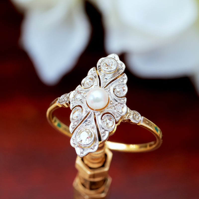 Antique Continental Diamond & Pearl Navette Dress Ring