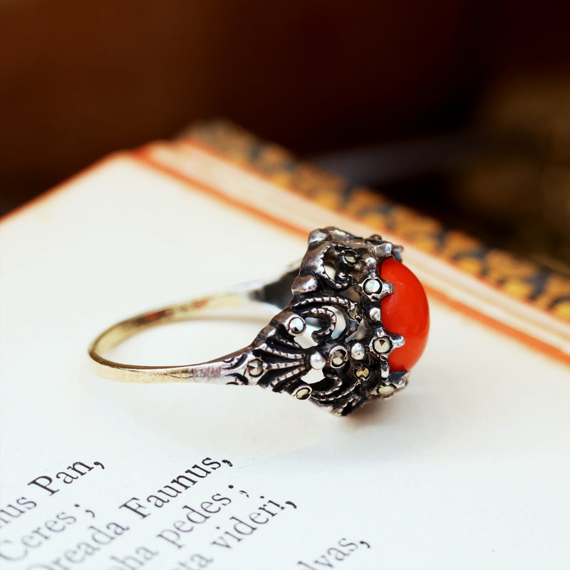 Vintage Coral & Marcasite Cocktail Dress Ring