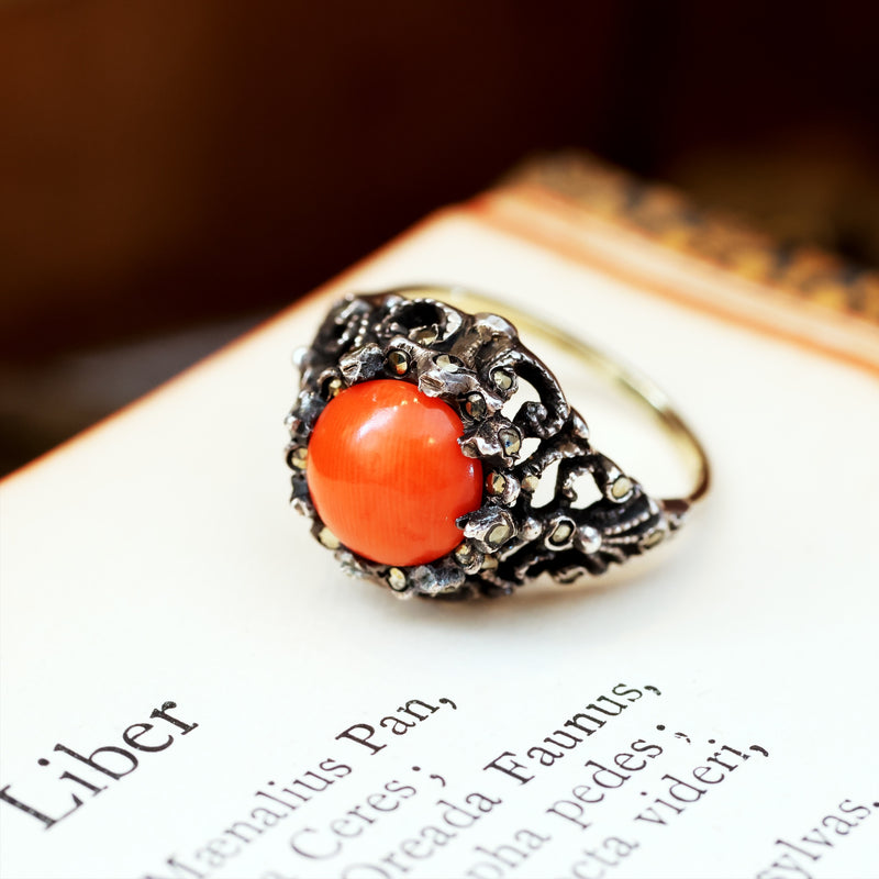 Vintage Coral & Marcasite Cocktail Dress Ring