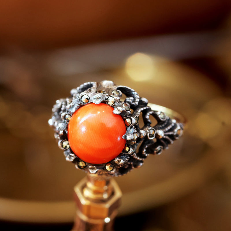 Vintage Coral & Marcasite Cocktail Dress Ring