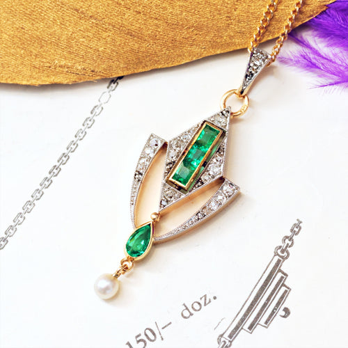 Art Deco Emerald & Diamond Drop Pendant