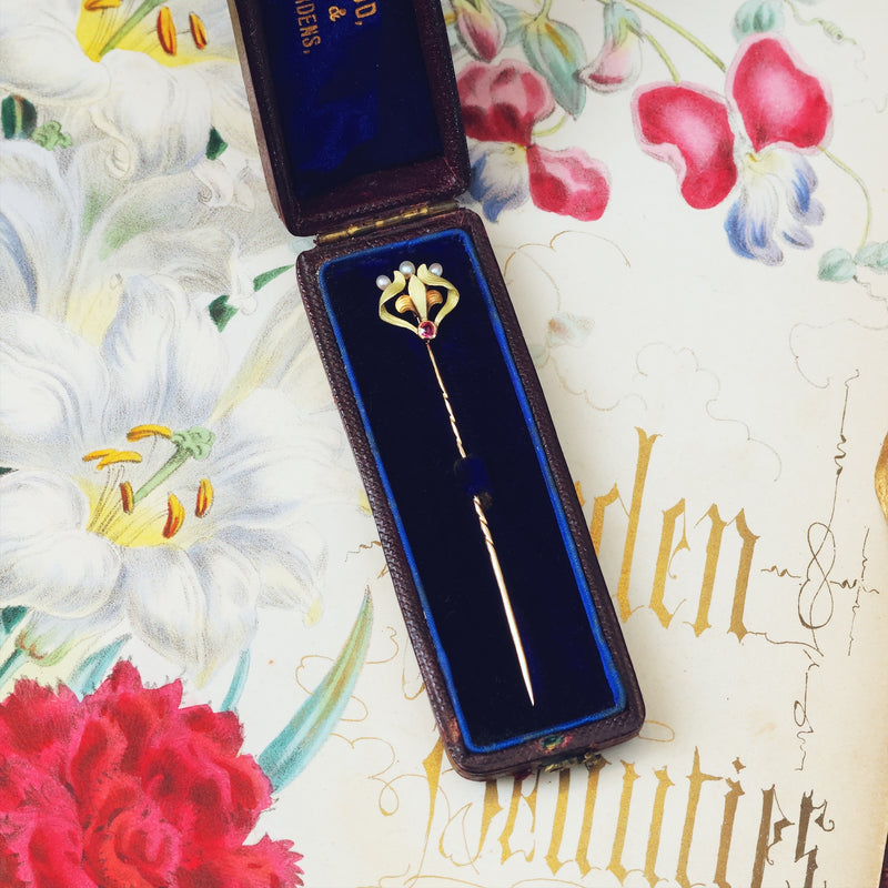 Antique Art Nouveau Enamel & Wild Pearl Stick Pin