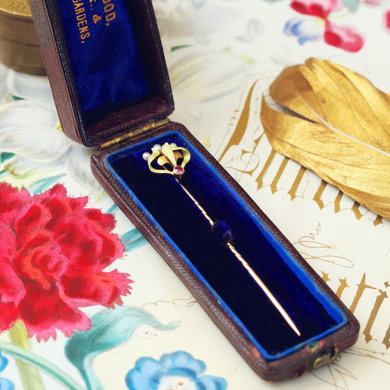 Antique Art Nouveau Enamel & Wild Pearl Stick Pin