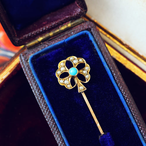 Antique Victorian Turquoise & Seed Pearl Stick Pin